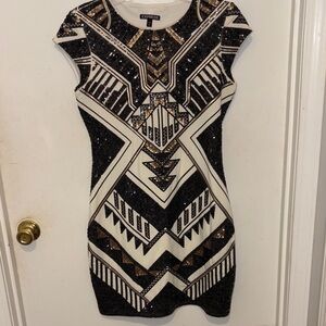 Express Black and White w/ Geometric Gold Sequin#bodycon dress size M Like new!
